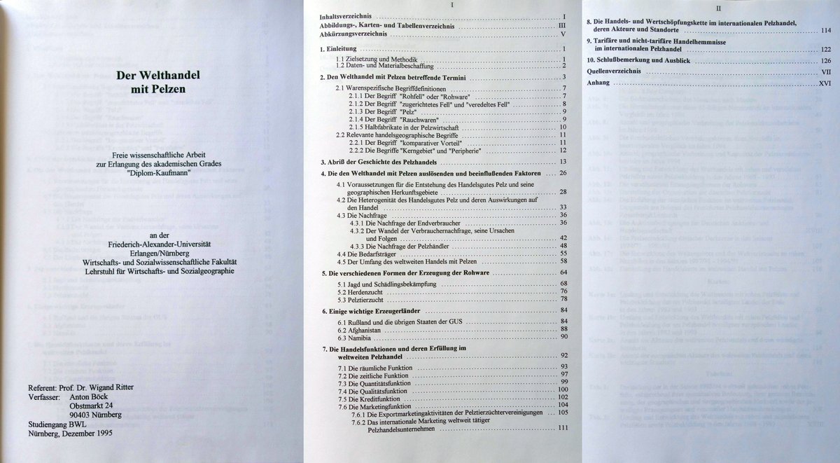 Cover page and table of contents of Anton Böck's 1995 academic thesis 'Der Welthandel mit Pelzen'