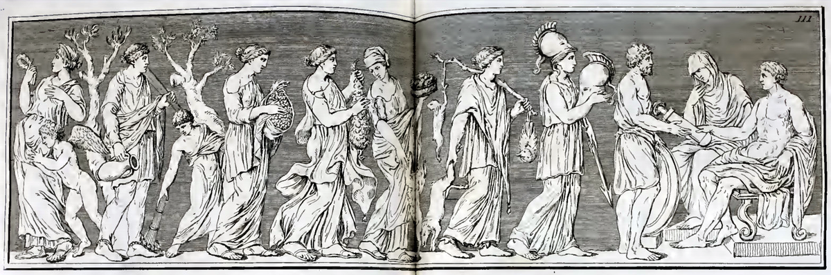 White-balanced drawing of the Marriage of Peleus and Thetis procession from Roman sarcophagus in Villa Albani circa 120-130 AD