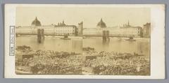 Exterior facade of the historic Hôtel-Dieu hospital in Lyon, France, stereophotograph from mid-19th century
