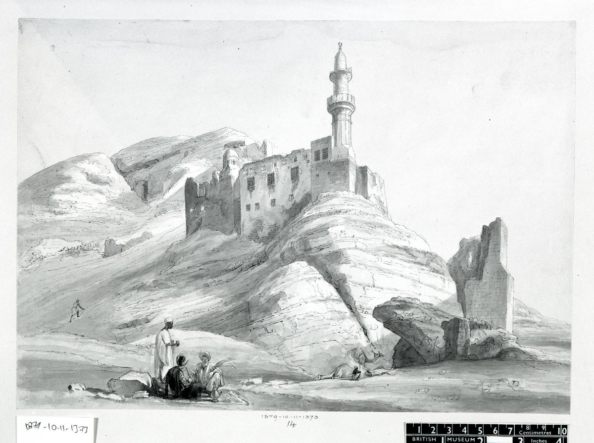 Line drawing of Mosque of El-Guyushy on rocky hill