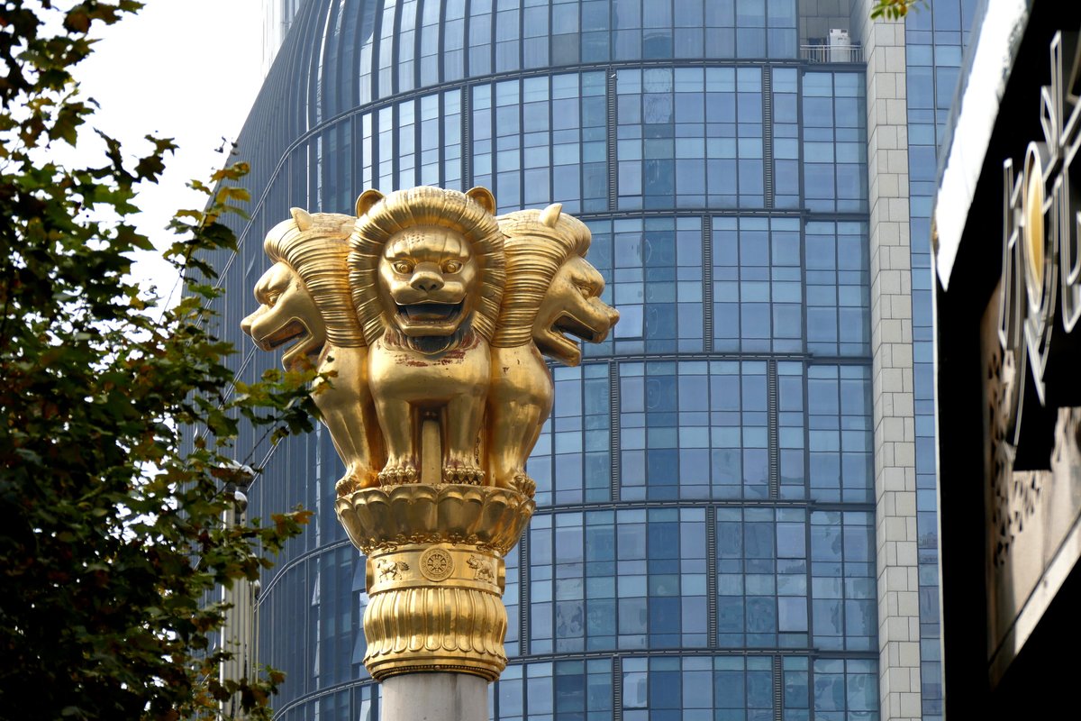 Lion statues at Jing'an Temple in Shanghai, China