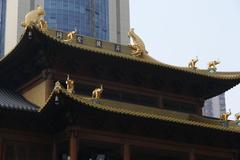 Jing'an Temple in Shanghai, China with traditional Chinese architecture and surrounding modern buildings