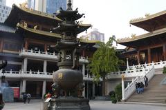 Jing'an Temple in Shanghai, China with traditional architecture and greenery