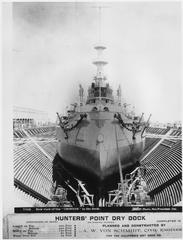 Bow view of the USS Oregon (BB-3) battleship docked at Hunters' Point Dry Dock in San Francisco, California