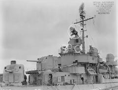 Amidships view of USS David W. Taylor Fletcher-class destroyer at Hunters Point Naval Shipyard