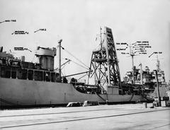 Antenna arrangement on USNS Enoree (T-AO-69) fleet oiler at San Francisco Naval Shipyard in June 1954