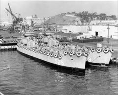 USS Clarion River LSMR-409 and USS St. Francis River LSMR-525 ships at recommissioning ceremony 1965