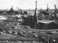 Three U.S. Navy Essex-class aircraft carriers USS Hancock, USS Oriskany, and USS Bennington at San Francisco Naval Shipyard in 1957