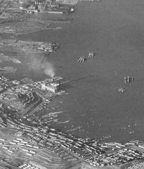 Aerial view of U.S. Navy Hunters Point Naval Shipyard with multiple Essex-class aircraft carriers, USS Shangri-La, Independence-class light carrier, USS Iowa battleship, Baltimore-class heavy cruisers, and Cleveland-class light cruisers in San Francisco Bay, 1949