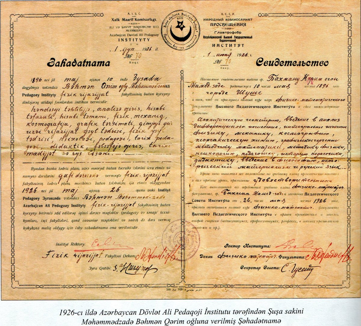 1926 certificate from Azerbaijan State Higher Pedagogical Institute awarded to Behmen Mahammadzade, a resident of Shusha, featuring emblem of People's Education Commissariat and ADPU seal