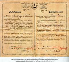 1926 certificate from Azerbaijan State Higher Pedagogical Institute awarded to Behmen Mahammadzade, a resident of Shusha, featuring emblem of People's Education Commissariat and ADPU seal