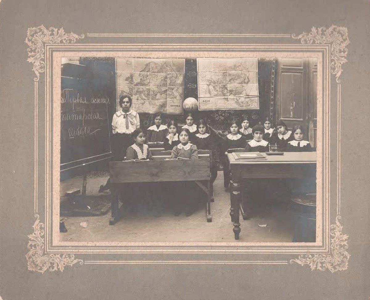 Asya Narimanova with students at Haji Zeynalabdin Tagiyev girls' school