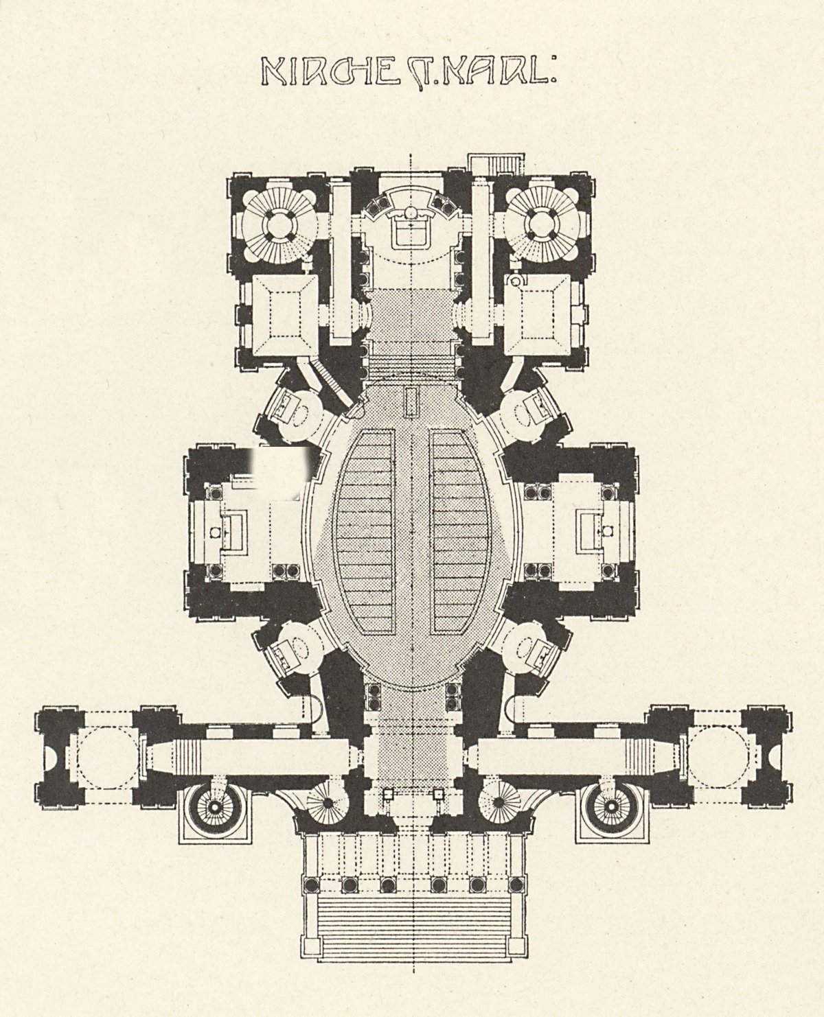 Architectural plan of the St. Karl Church in Währing, Vienna, showcasing modern church design concept