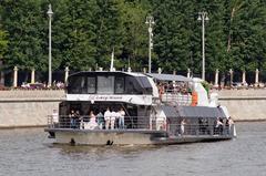 Techno-looking party boat Zhemchuzhina docked in Moscow in June 2025
