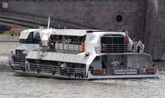 Techno-looking 'Zhechuzhina' party boat docked in Moscow, originally a D-057 type motor barge from 1980