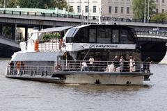 The techno-looking 'Zhemchuzhina' party boat docked in Moscow, originally a D-057 type motor barge from 1980