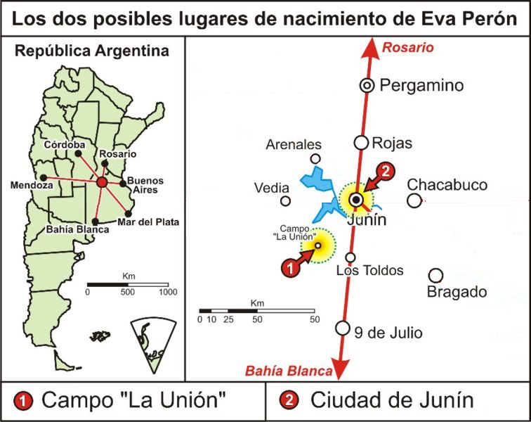Map showing possible birthplaces of Eva Perón with detailed annotations