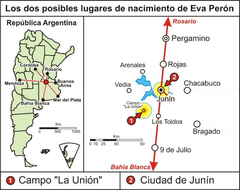 Map showing possible birthplaces of Eva Perón with detailed annotations