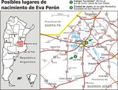 Map showing possible birthplaces of Eva Perón in Argentina
