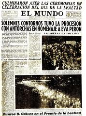 Front page of Diario El Mundo newspaper from Argentina dated October 19, 1952