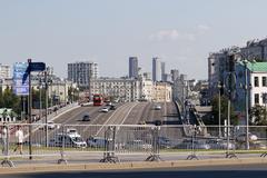 View of Kamenny Bridge over Moskva River at Borovitskaya Square in Moscow with city skyline in background