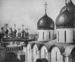 View of Terem churches and domes of Assumption Cathedral from Ivan the Great tower in Moscow Russia 1852