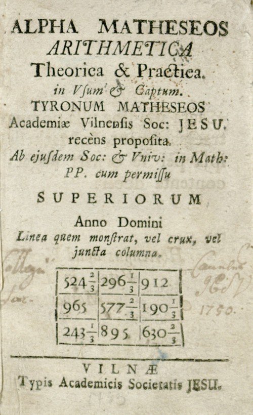 Title page of the 1733 Latin book Alpha Matheseos Arithmetica Theorica & Practica published in Vilnius