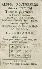 Title page of the 1733 Latin book Alpha Matheseos Arithmetica Theorica & Practica published in Vilnius