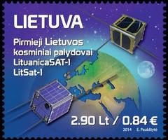Lithuania 2014 postage stamp featuring satellites
