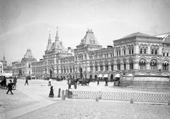 Red Square in Moscow with historic trading rows and Lobnoye Mesto at the end of the 19th century