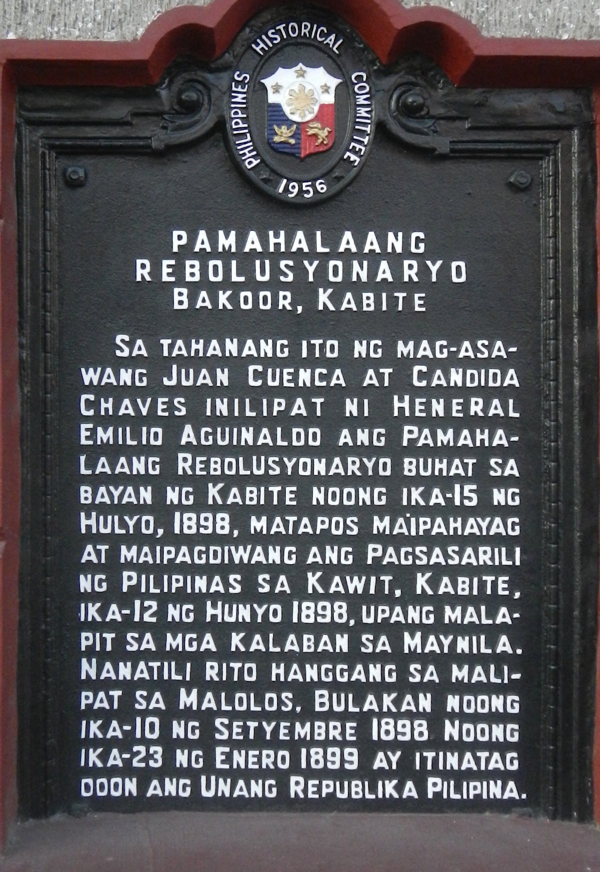 Historical marker of the Philippine Revolutionary Government at Cuenca Ancestral House in Bacoor, Cavite