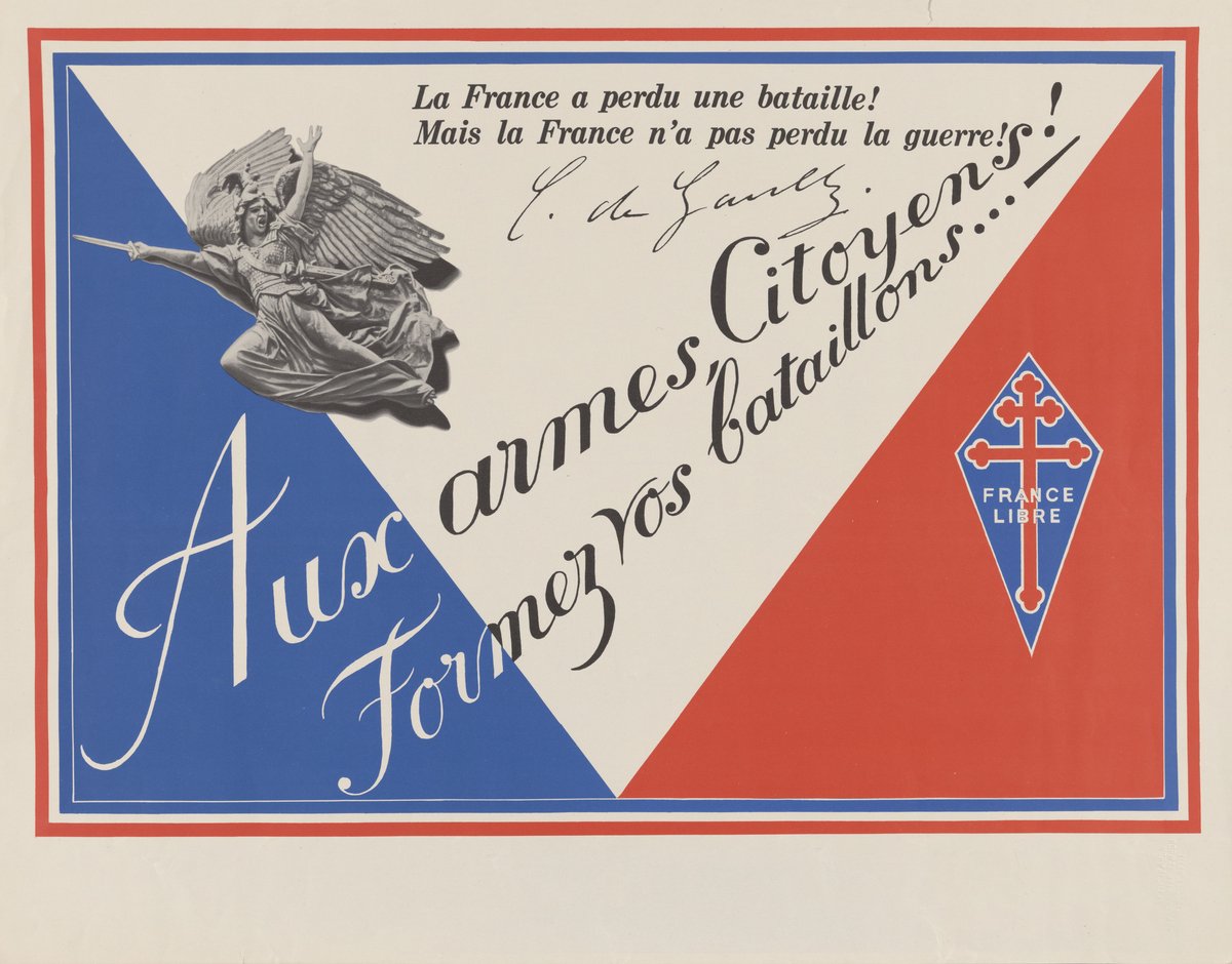 World War II French patriotic poster with Charles de Gaulle quote and symbols