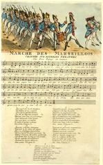 Hand-coloured etching of French soldiers marching and singing the Marseillaise revolutionary song sheet from 1792