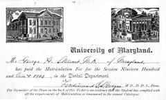 University of Maryland Matriculation Receipt 1903