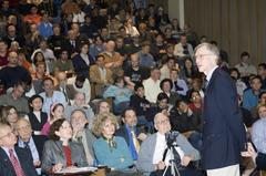 Dr. John Mather speaking to a full auditorium at University of Maryland about his Nobel-winning COBE work
