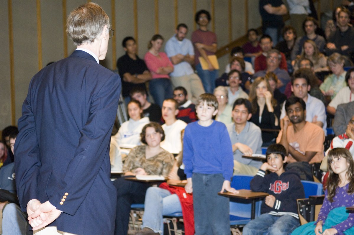 Dr. John Mather speaking at University of Maryland auditorium about Cosmic Background Explorer work