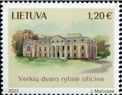 2023 Verkiai Palace commemorative postage stamp from Lithuania featuring the historic palace