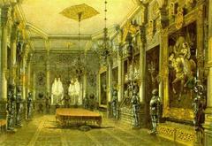 Interior view of Knights' Hall in Verkiai Palace, Vilnius, Lithuania, lithograph from 1846