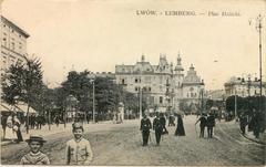 Historic view of Plac Halicki in Lwów (Lemberg) showing early 20th century architecture and street scene