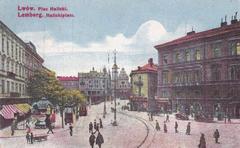 Historic view of Plac Halicki in Lwów with buildings and tram tracks