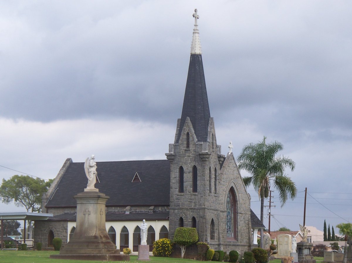 Calvary Cemetery chapel in Los Angeles with intricate Gothic architecture and towering spires