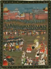 Emperor Aurangzebe overseeing the siege of fortified Golconda city in 1687, depicted on a litter with attendants and native cavalry and artillery in attack