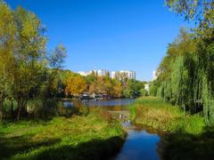 Scenic view of Holosiiv Square Pond surrounded by trees in Ukraine