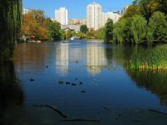 Holosiiv Square Pond surrounded by lush green trees in a natural heritage site in Ukraine
