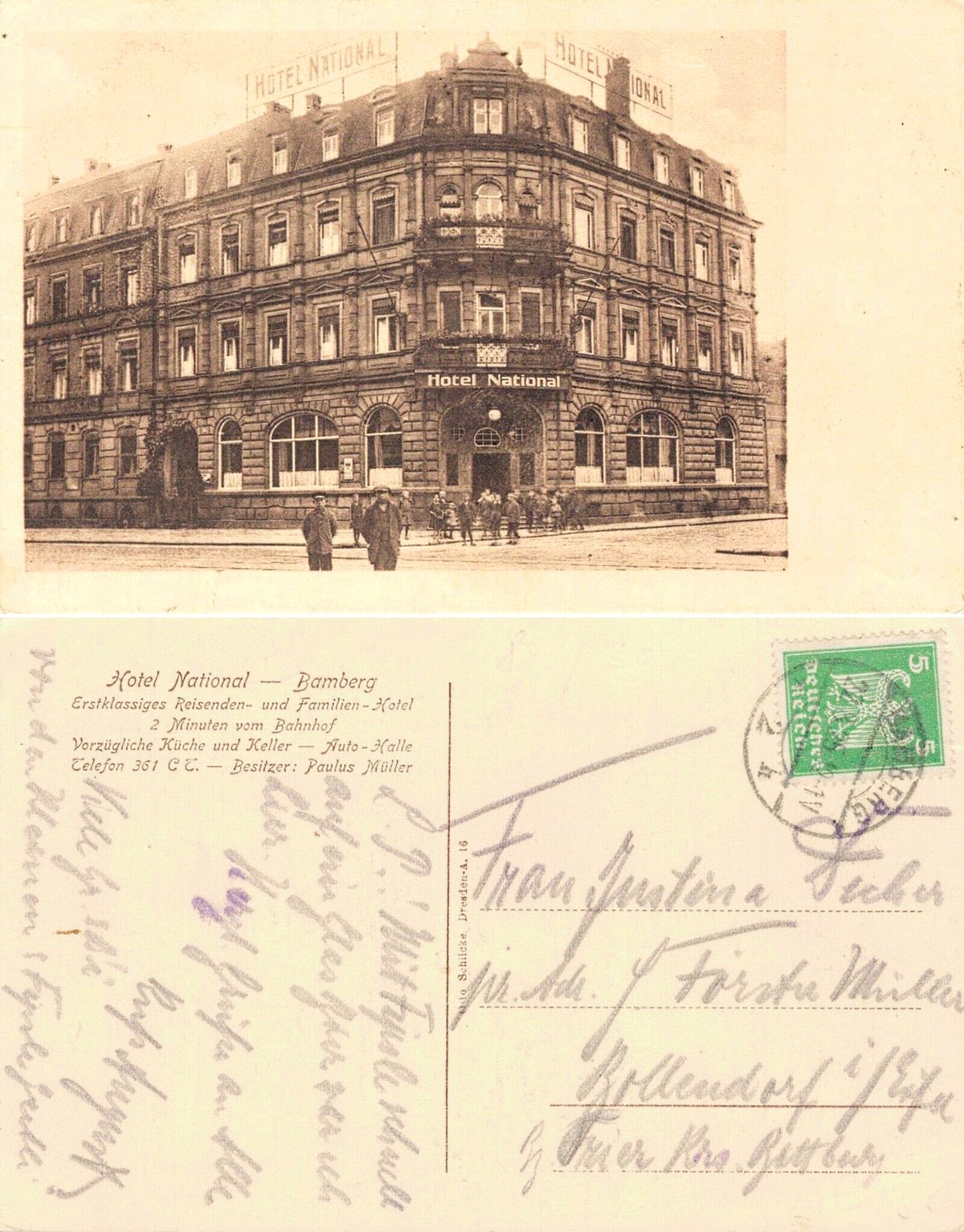 Historic black and white photo of Hotel National in Bamberg in 1925