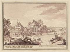 Historic drawing of St. Petri Church near Nuremberg from 1747 in red and black ink