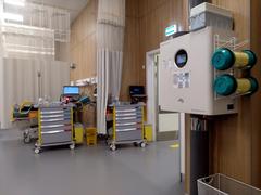 Inside the reception ('flagship') department of Botkin Hospital, 2024, view from the bed with a pneumatic mail terminal on the right