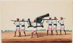 Empty Indian style tonjon sedan chair carried by four porters with two accompanying servants in Thanjavur
