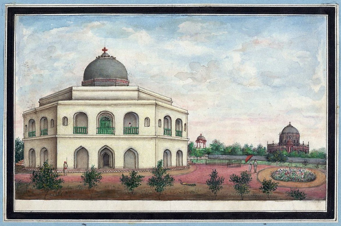 The tomb of Mohammad Quli Khan and Dilkusha Mansion with Qutb Minar in the background, 1843