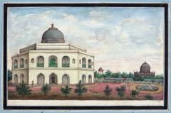 The tomb of Mohammad Quli Khan and Dilkusha Mansion with Qutb Minar in the background, 1843